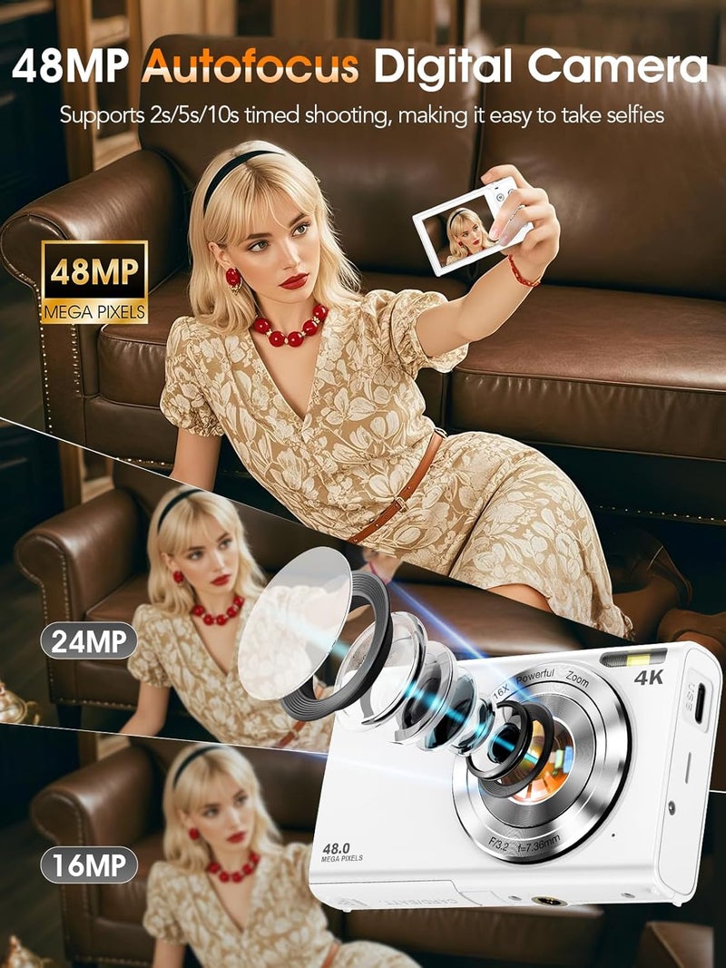 Lecnippy Digital Camera,Autofocus 4K Vlogging Camera for Photography with 32GB Card,48MP Portable Compact Point and Shoot Digital Camera for Teens Adult Beginner with 16X Zoom,Anti-Shake,2 Batteries(White) - Image 2